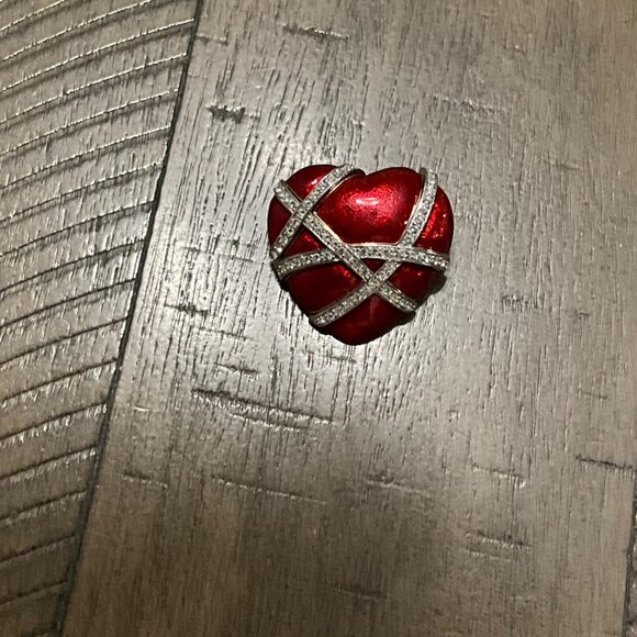 Designer Signed Brooch Red Guilloche Enamel Puffy Heart Rhinestones Ribbon - Picture 2 of 3